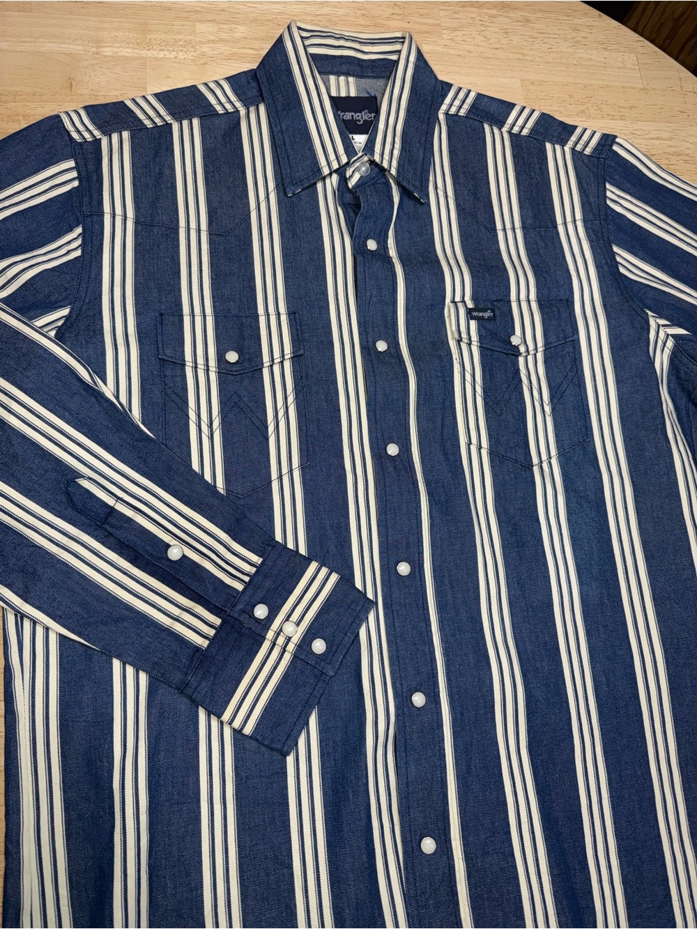 Wrangler Blue Denim Stripe Pearl Snap Western Long Sleeve Shirt Mens Large Y2K